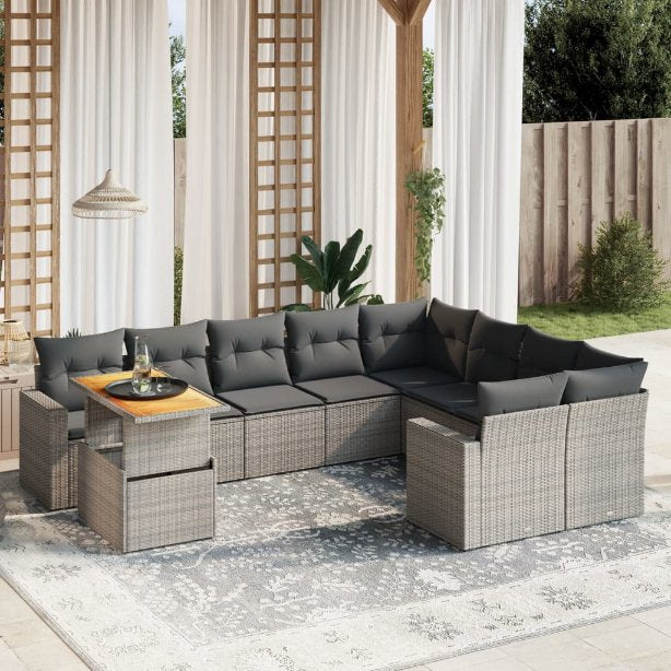 vidaXL 10-tlg. Garten-Sofagarnitur mit Kissen Schwarz Poly Rattan