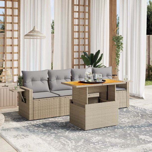 5-tlg. Garten-Sofagarnitur mit Kissen Schwarz Poly Rattan