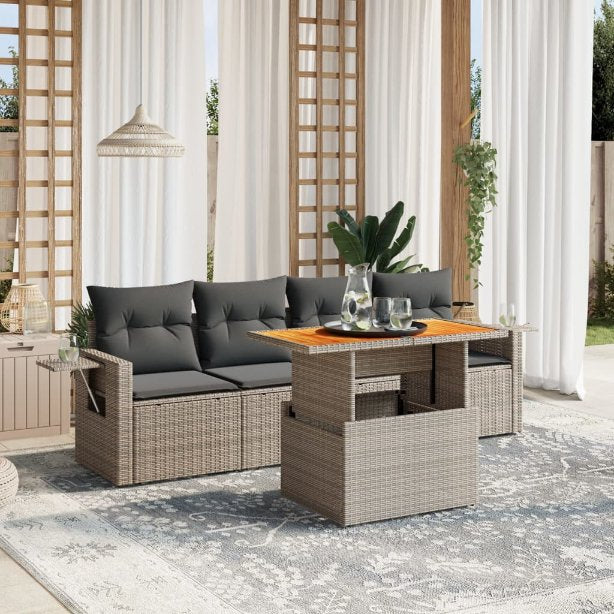5-tlg. Garten-Sofagarnitur mit Kissen Schwarz Poly Rattan