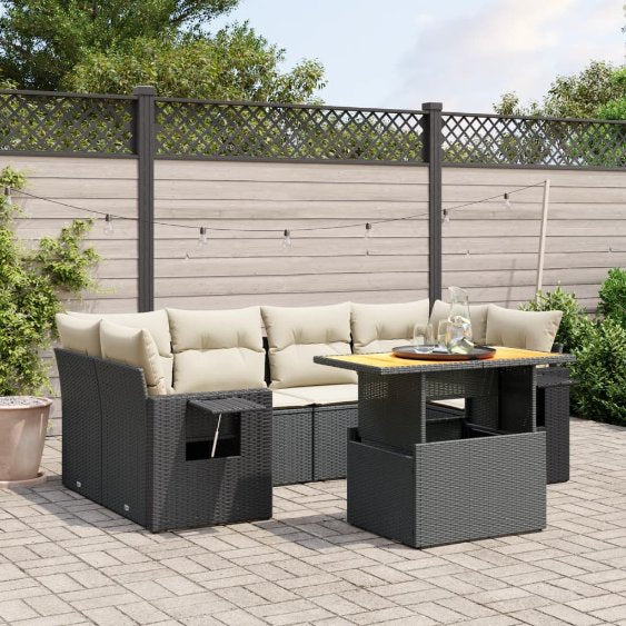7-tlg. Garten-Sofagarnitur mit Kissen Schwarz Poly Rattan