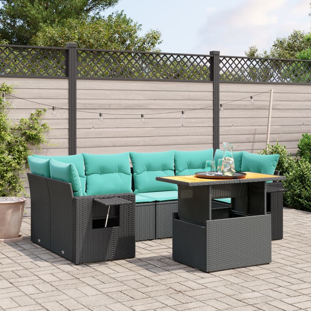 7-tlg. Garten-Sofagarnitur mit Kissen Schwarz Poly Rattan