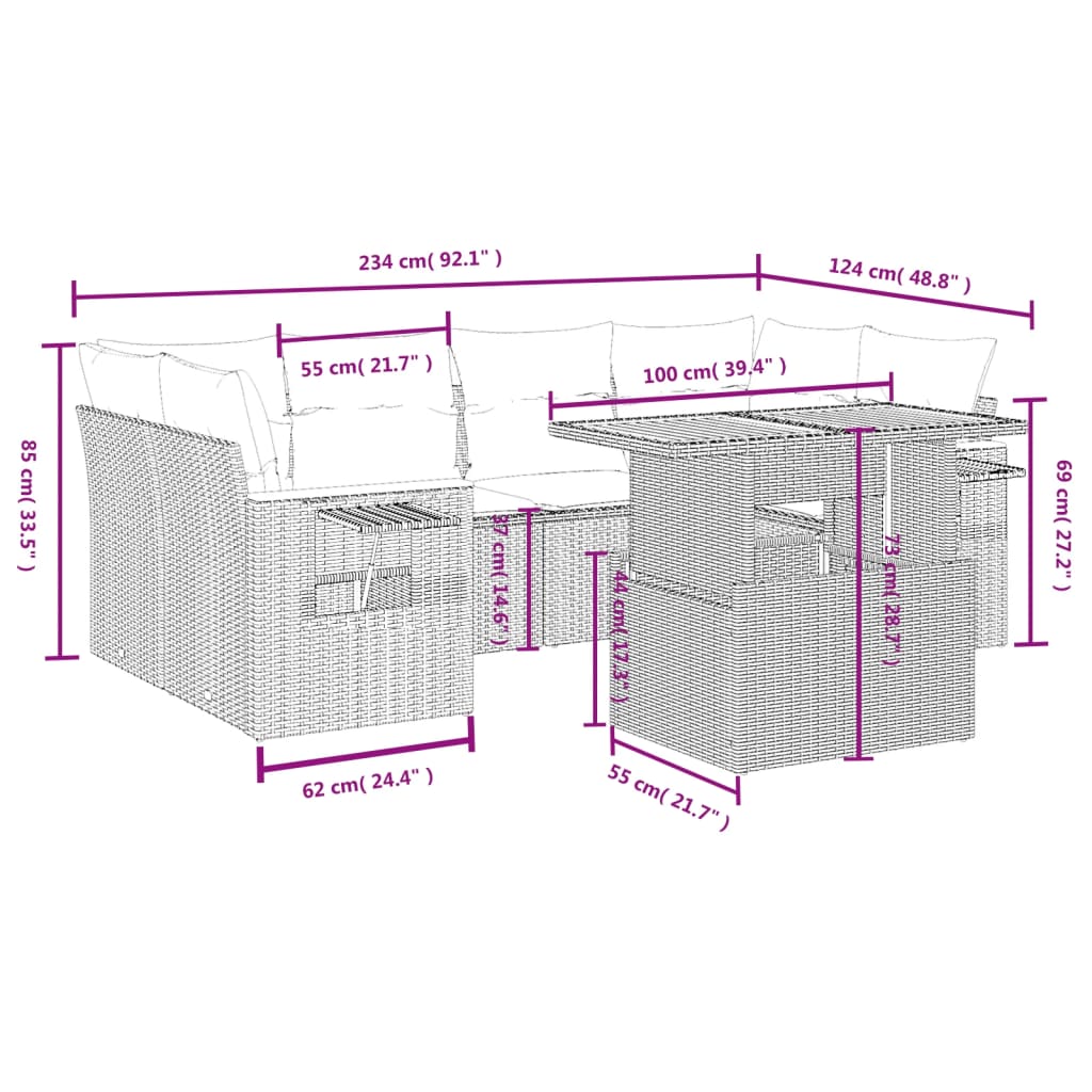 7-tlg. Garten-Sofagarnitur mit Kissen Schwarz Poly Rattan