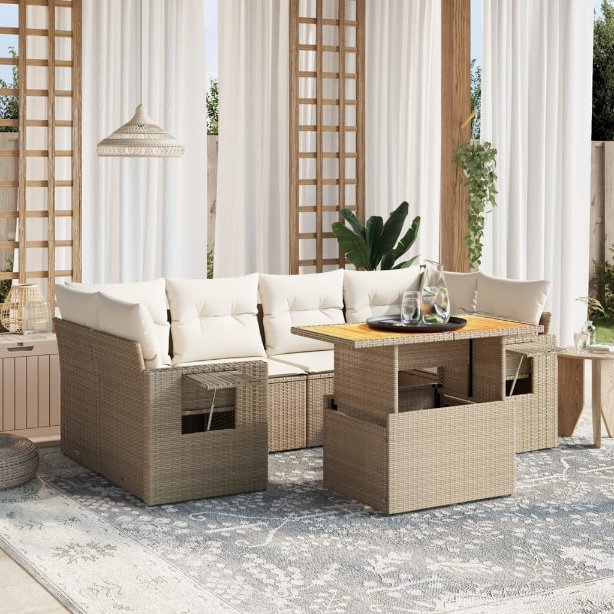 7-tlg. Garten-Sofagarnitur mit Kissen Schwarz Poly Rattan