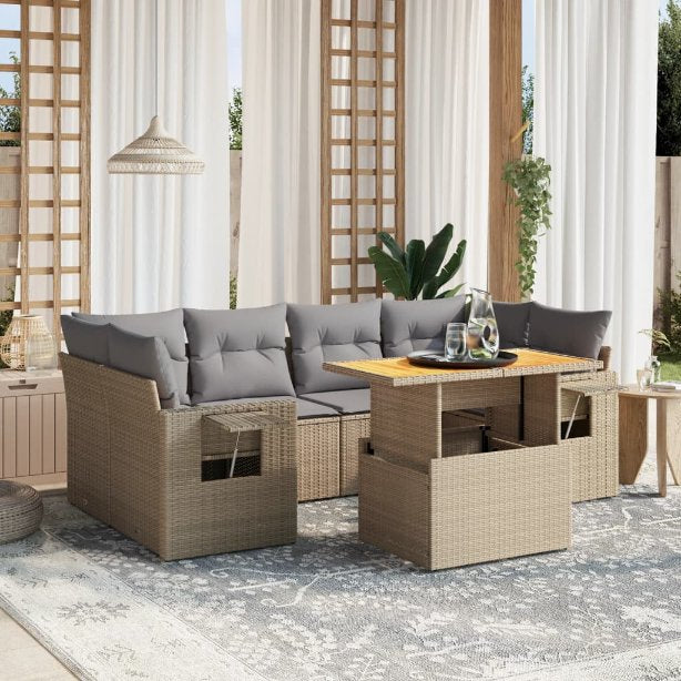 7-tlg. Garten-Sofagarnitur mit Kissen Schwarz Poly Rattan