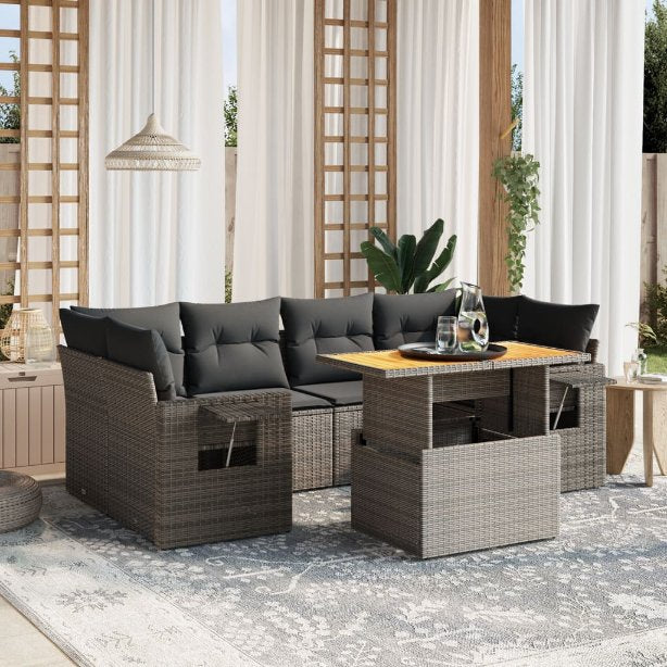 7-tlg. Garten-Sofagarnitur mit Kissen Schwarz Poly Rattan