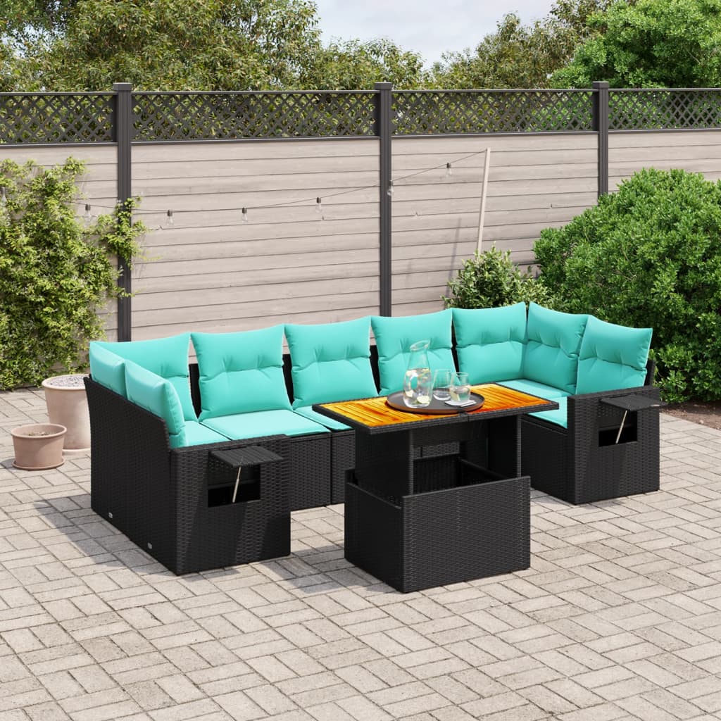8-tlg. Garten-Sofagarnitur mit Kissen Schwarz Poly Rattan