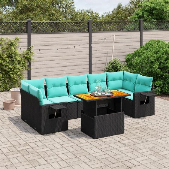 8-tlg. Garten-Sofagarnitur mit Kissen Schwarz Poly Rattan