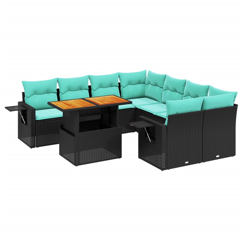 9-tlg. Garten-Sofagarnitur mit Kissen Schwarz Poly Rattan