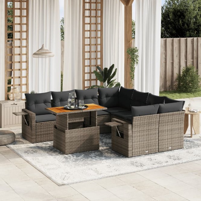9-tlg. Garten-Sofagarnitur mit Kissen Schwarz Poly Rattan