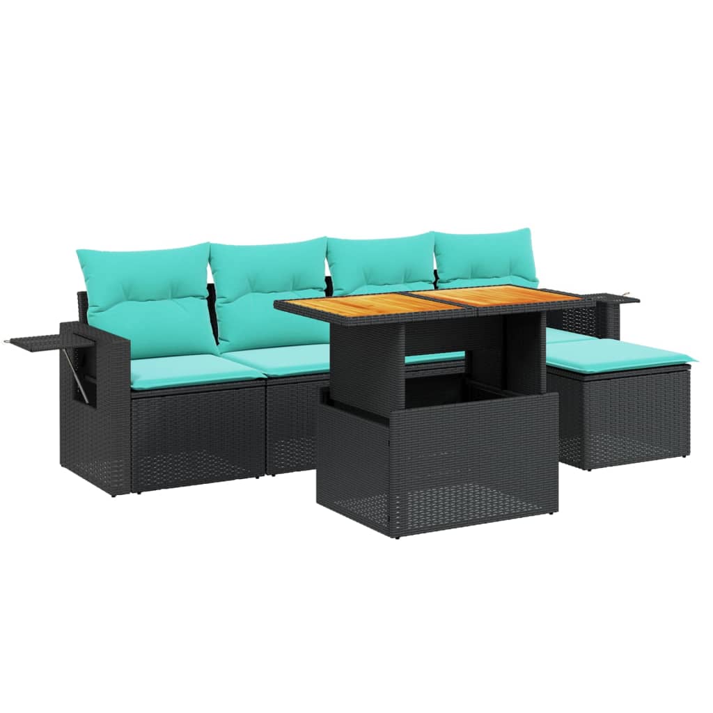 6-tlg. Garten-Sofagarnitur mit Kissen Schwarz Poly Rattan