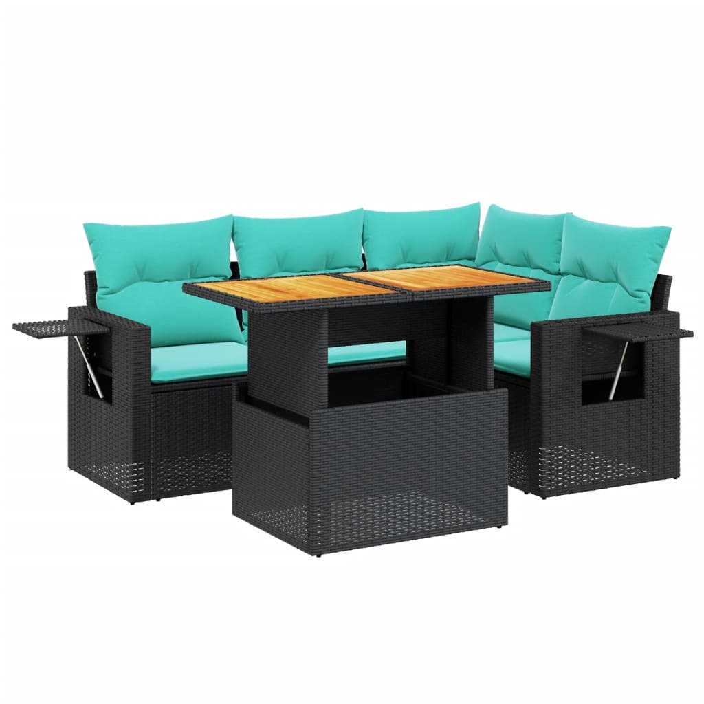 5-tlg. Garten-Sofagarnitur mit Kissen Schwarz Poly Rattan