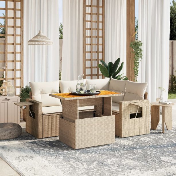 5-tlg. Garten-Sofagarnitur mit Kissen Schwarz Poly Rattan