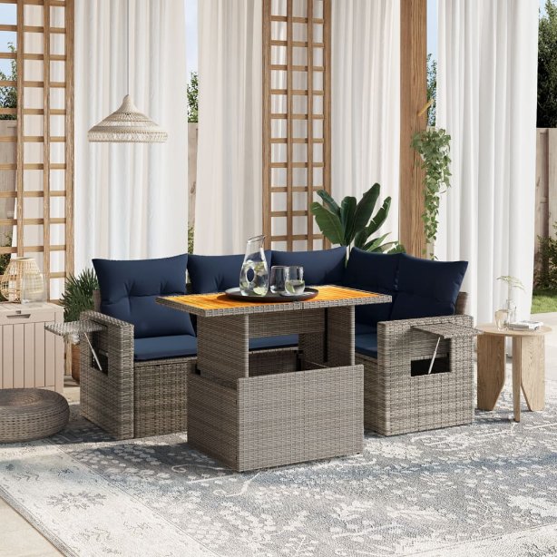 5-tlg. Garten-Sofagarnitur mit Kissen Schwarz Poly Rattan