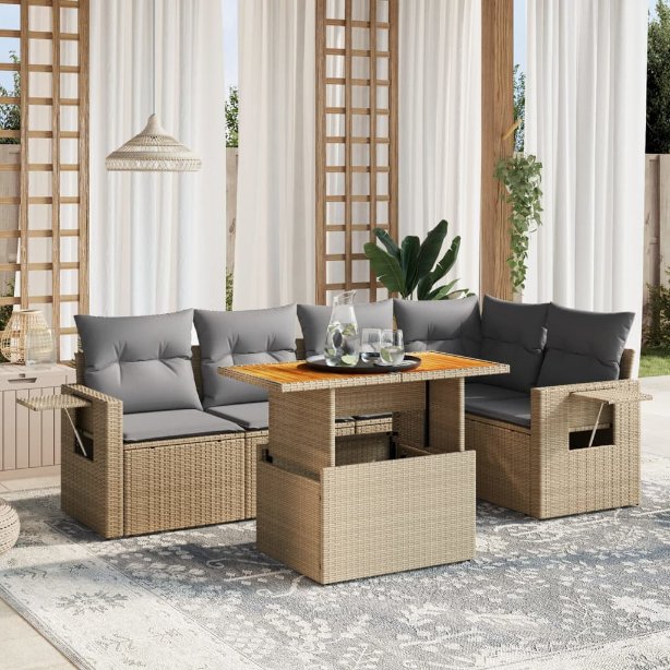 6-tlg. Garten-Sofagarnitur mit Kissen Schwarz Poly Rattan