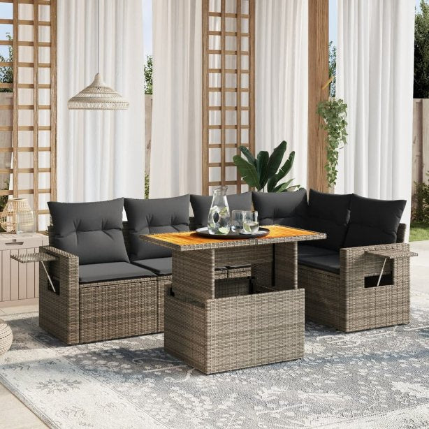 6-tlg. Garten-Sofagarnitur mit Kissen Schwarz Poly Rattan