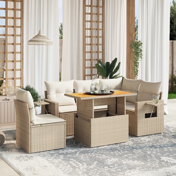 6-tlg. Garten-Sofagarnitur mit Kissen Schwarz Poly Rattan