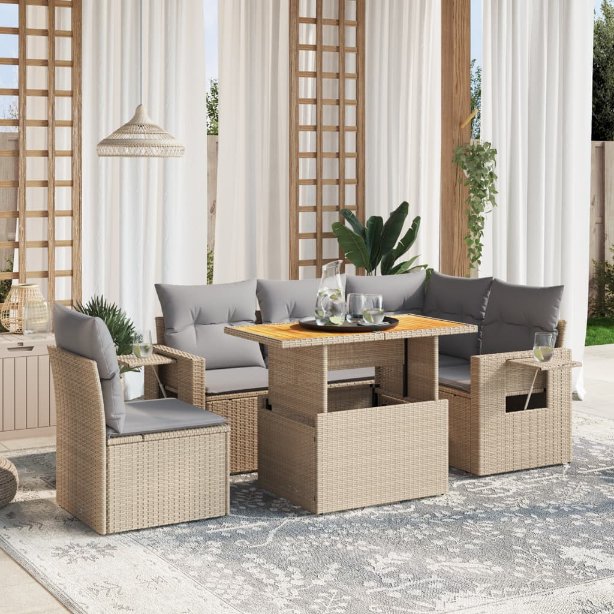 6-tlg. Garten-Sofagarnitur mit Kissen Schwarz Poly Rattan