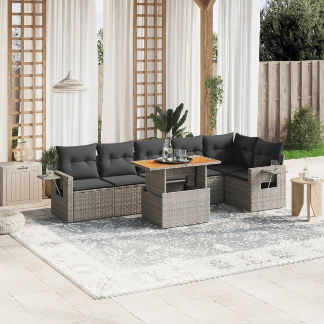 7-tlg. Garten-Sofagarnitur mit Kissen Schwarz Poly Rattan