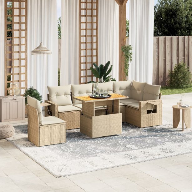 7-tlg. Garten-Sofagarnitur mit Kissen Schwarz Poly Rattan