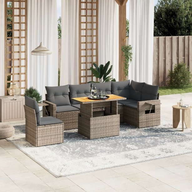 7-tlg. Garten-Sofagarnitur mit Kissen Schwarz Poly Rattan