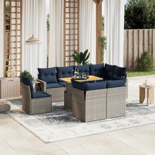 9-tlg. Garten-Sofagarnitur mit Kissen Schwarz Poly Rattan