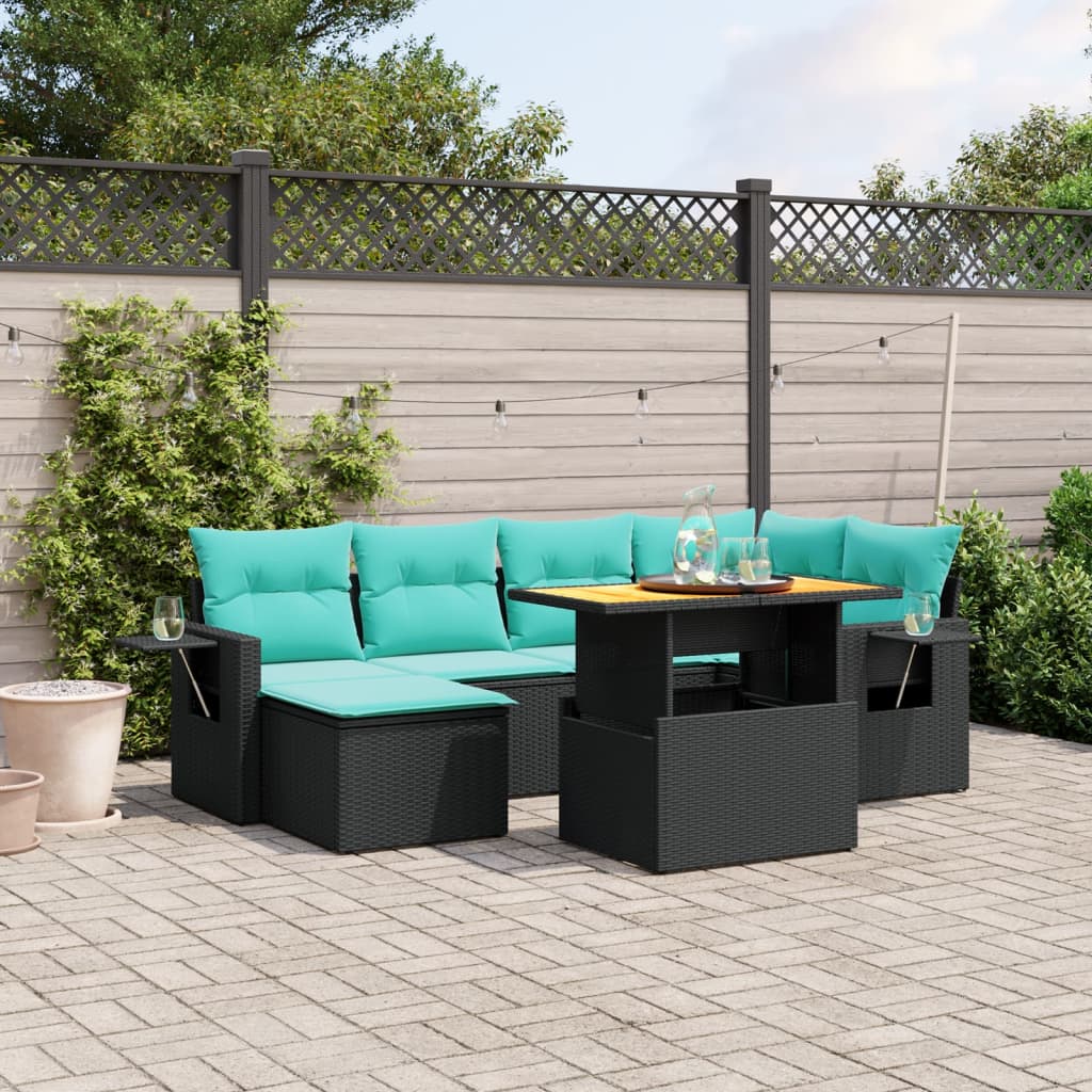 7-tlg. Garten-Sofagarnitur mit Kissen Schwarz Poly Rattan