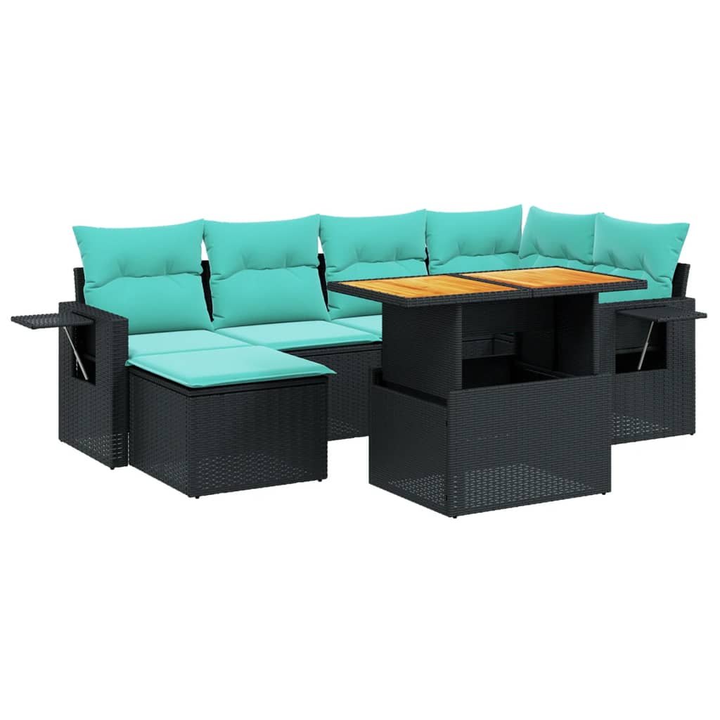 7-tlg. Garten-Sofagarnitur mit Kissen Schwarz Poly Rattan