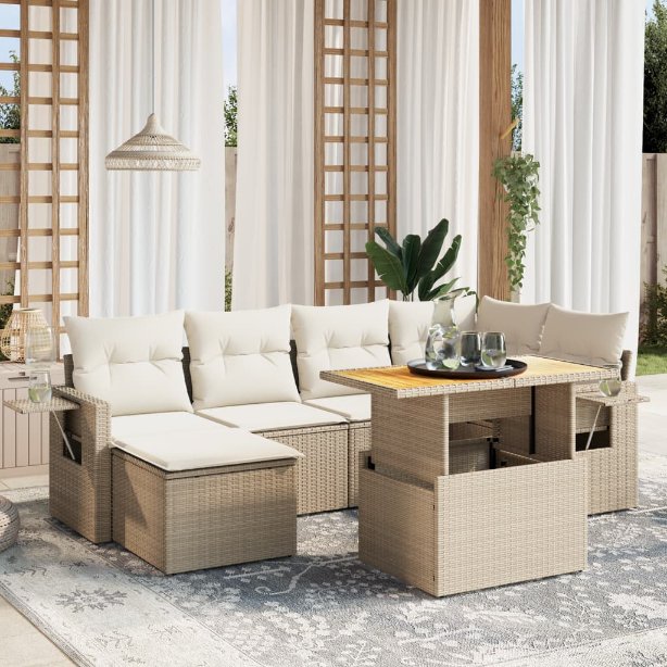 7-tlg. Garten-Sofagarnitur mit Kissen Schwarz Poly Rattan