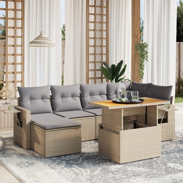 7-tlg. Garten-Sofagarnitur mit Kissen Schwarz Poly Rattan