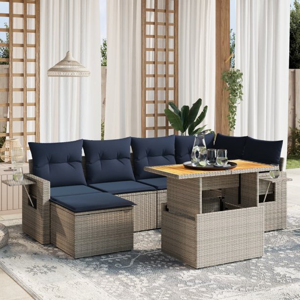7-tlg. Garten-Sofagarnitur mit Kissen Schwarz Poly Rattan