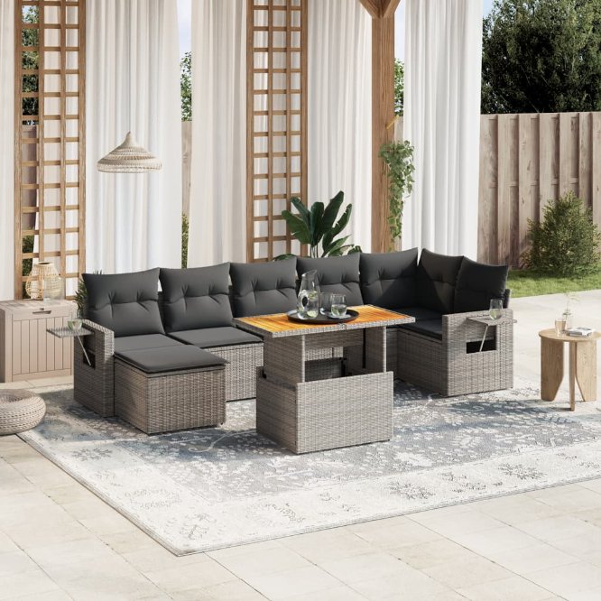 8-tlg. Garten-Sofagarnitur mit Kissen Schwarz Poly Rattan