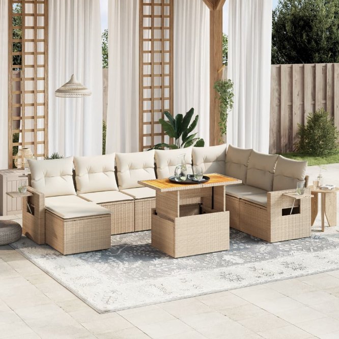 9-tlg. Garten-Sofagarnitur mit Kissen Schwarz Poly Rattan