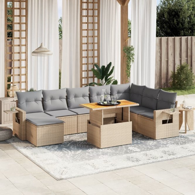 9-tlg. Garten-Sofagarnitur mit Kissen Schwarz Poly Rattan