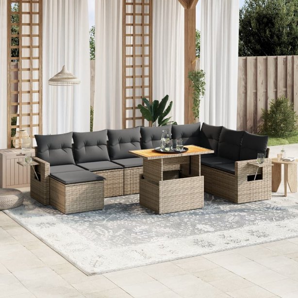 9-tlg. Garten-Sofagarnitur mit Kissen Schwarz Poly Rattan