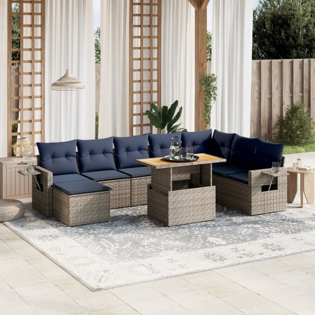 9-tlg. Garten-Sofagarnitur mit Kissen Schwarz Poly Rattan