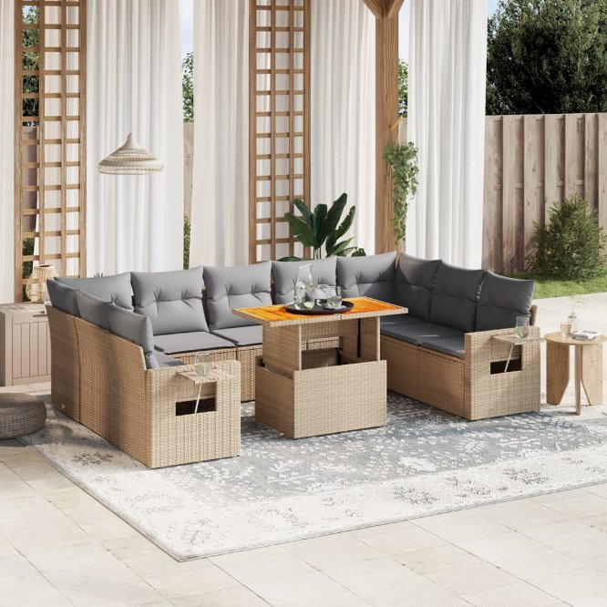 vidaXL 10-tlg. Garten-Sofagarnitur mit Kissen Schwarz Poly Rattan