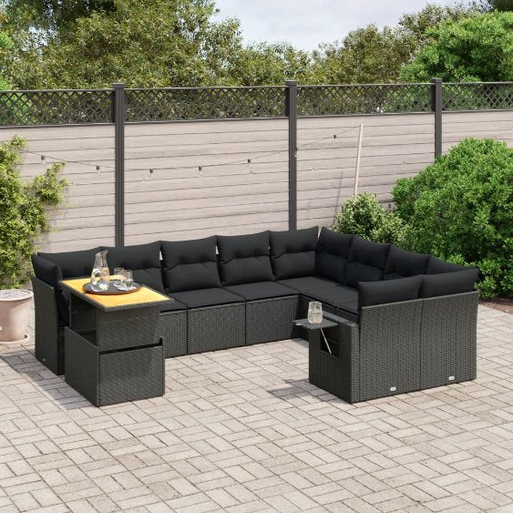vidaXL 10-tlg. Garten-Sofagarnitur mit Kissen Schwarz Poly Rattan