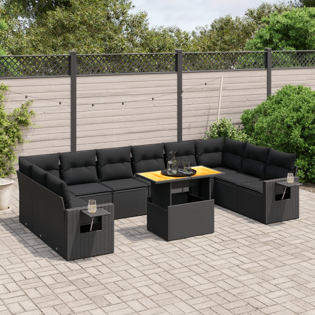vidaXL 11-tlg. Garten-Sofagarnitur mit Kissen Schwarz Poly Rattan
