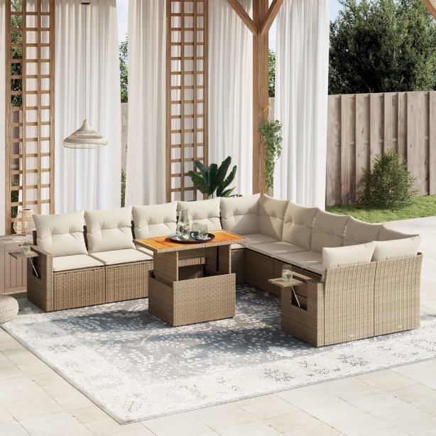 vidaXL 11-tlg. Garten-Sofagarnitur mit Kissen Schwarz Poly Rattan