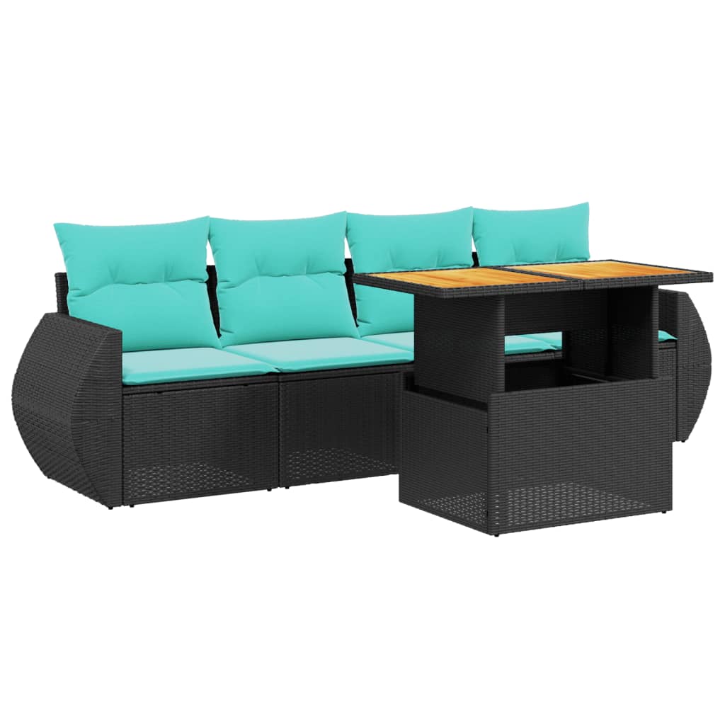 5-tlg. Garten-Sofagarnitur mit Kissen Schwarz Poly Rattan