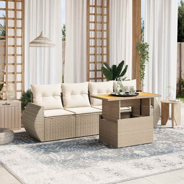5-tlg. Garten-Sofagarnitur mit Kissen Schwarz Poly Rattan