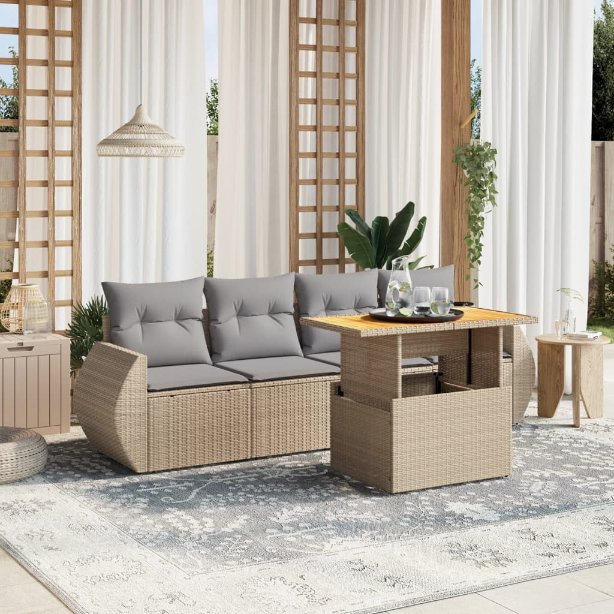 5-tlg. Garten-Sofagarnitur mit Kissen Schwarz Poly Rattan