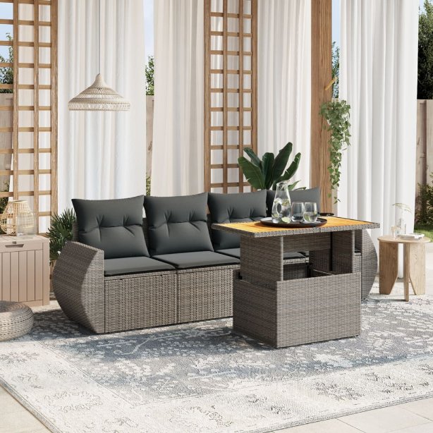 5-tlg. Garten-Sofagarnitur mit Kissen Schwarz Poly Rattan