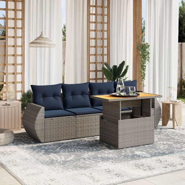 5-tlg. Garten-Sofagarnitur mit Kissen Schwarz Poly Rattan