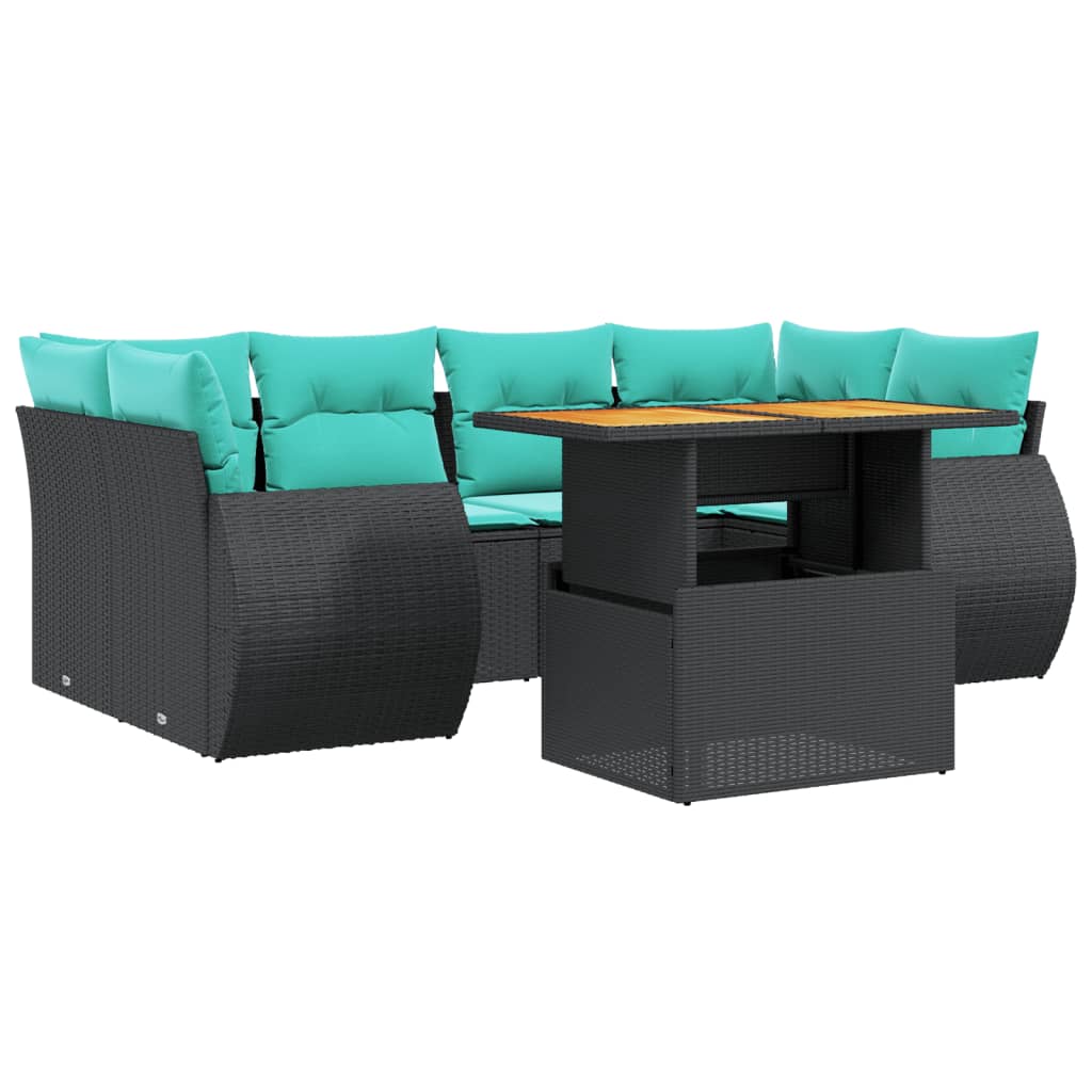 7-tlg. Garten-Sofagarnitur mit Kissen Schwarz Poly Rattan