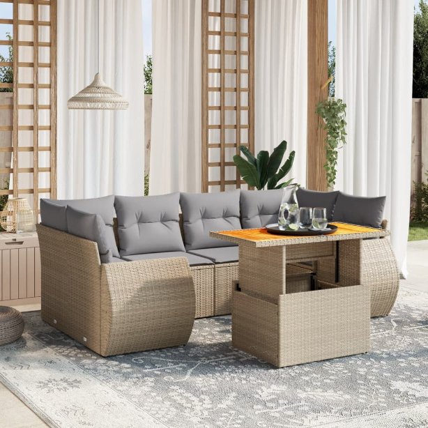 7-tlg. Garten-Sofagarnitur mit Kissen Schwarz Poly Rattan