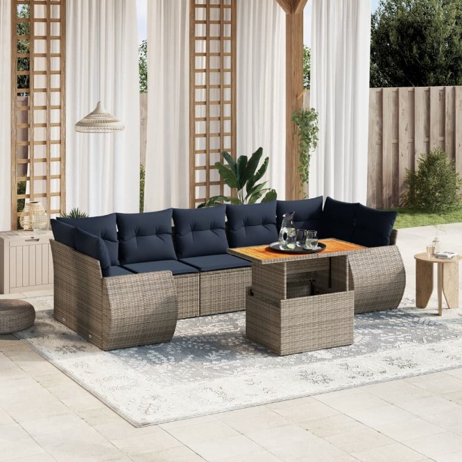 8-tlg. Garten-Sofagarnitur mit Kissen Schwarz Poly Rattan