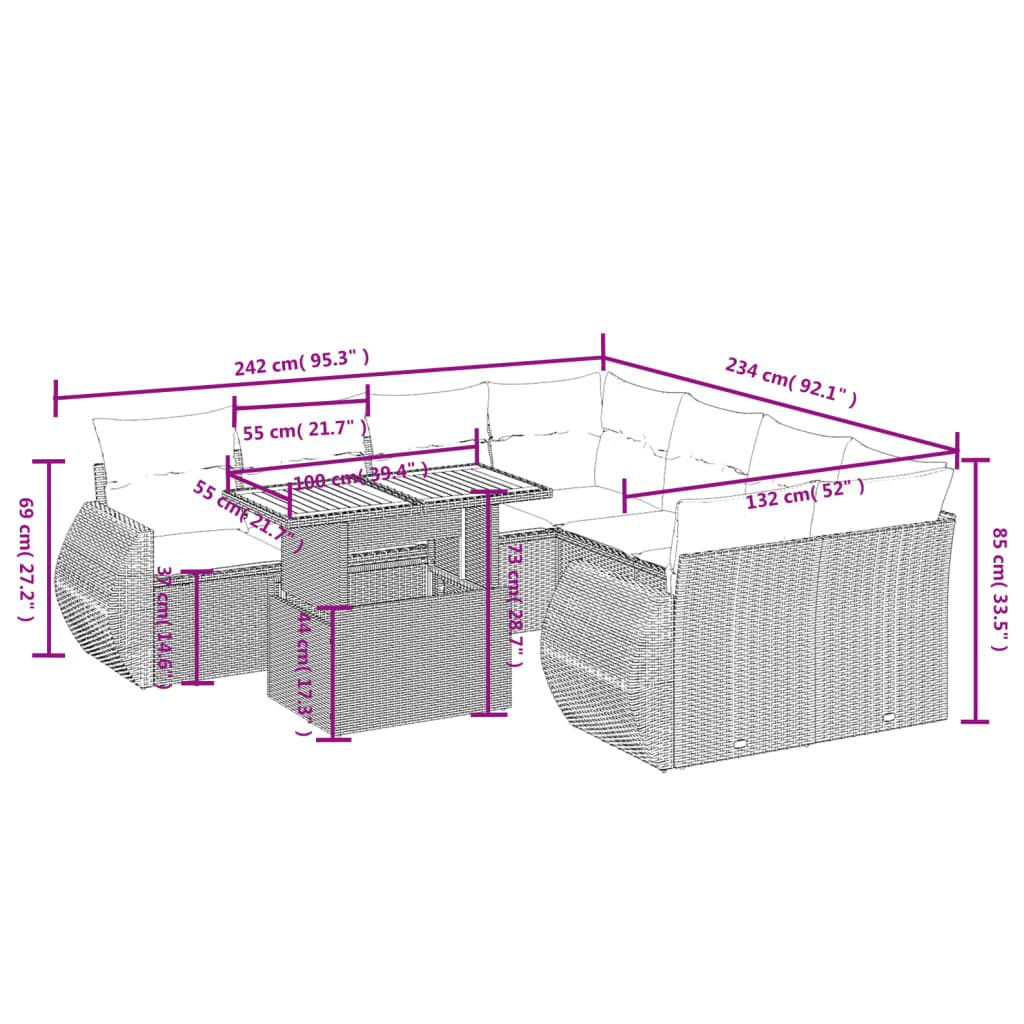 9-tlg. Garten-Sofagarnitur mit Kissen Schwarz Poly Rattan