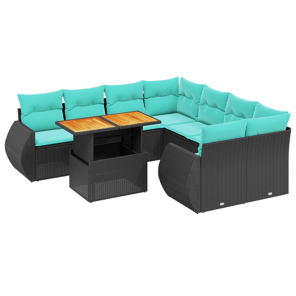 9-tlg. Garten-Sofagarnitur mit Kissen Schwarz Poly Rattan