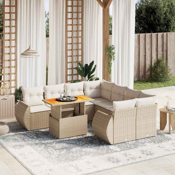 9-tlg. Garten-Sofagarnitur mit Kissen Schwarz Poly Rattan